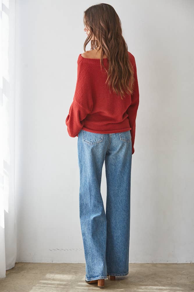 By Together  | Knit Sweater Boat Neck Long Sleeve Pullover Top