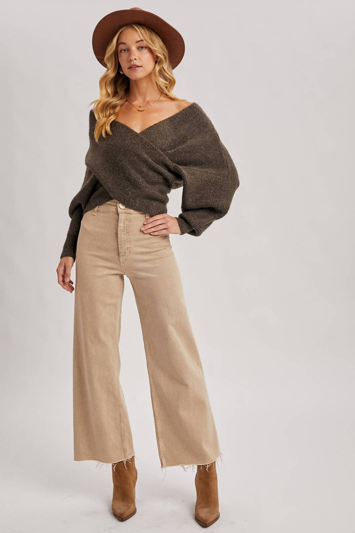 Bluivy | Wrap Crossover Ribbed Fuzzy Knit Sweater