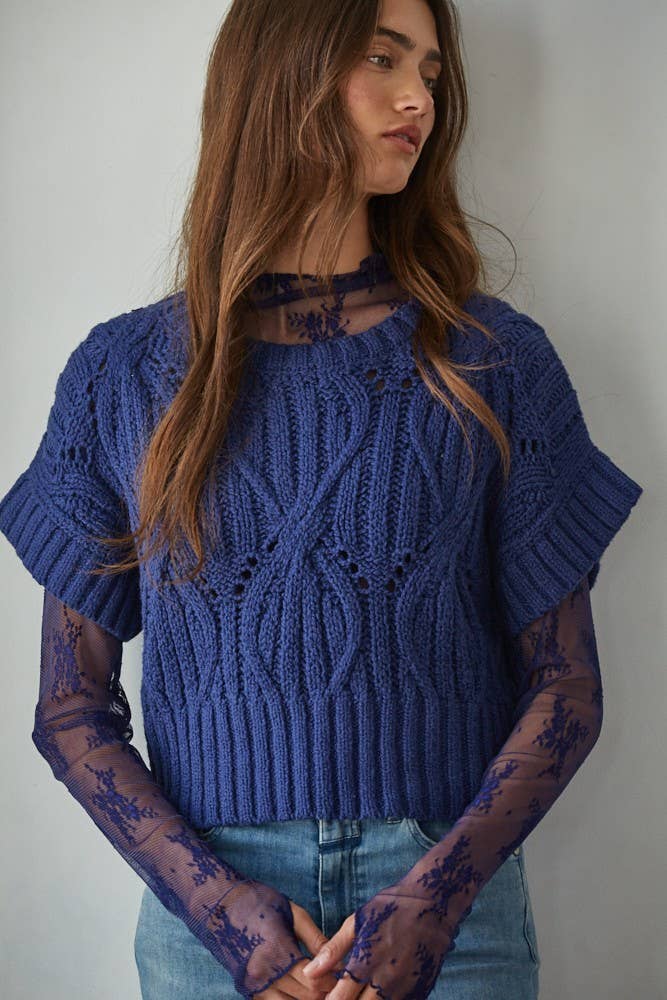 By Together | Knit Sweater Crochet Round Neck Short Sleeve Top