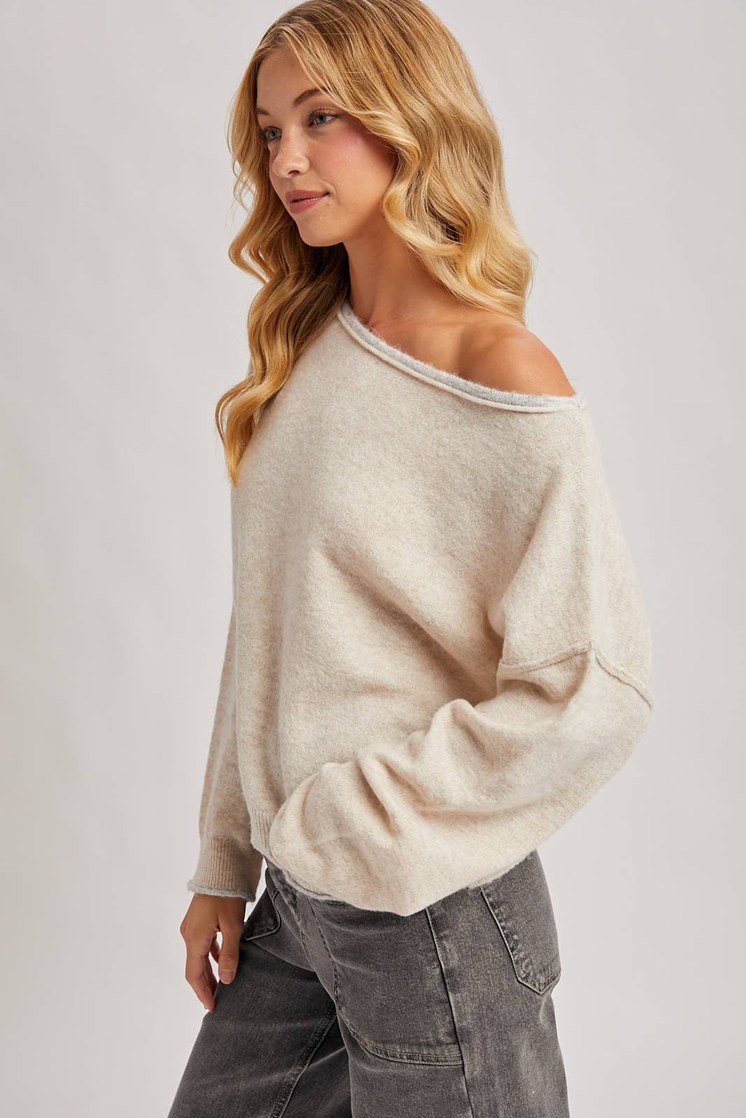 Bluivy | Boat Neck Rolled Trim Soft Heathered Knit Pullover