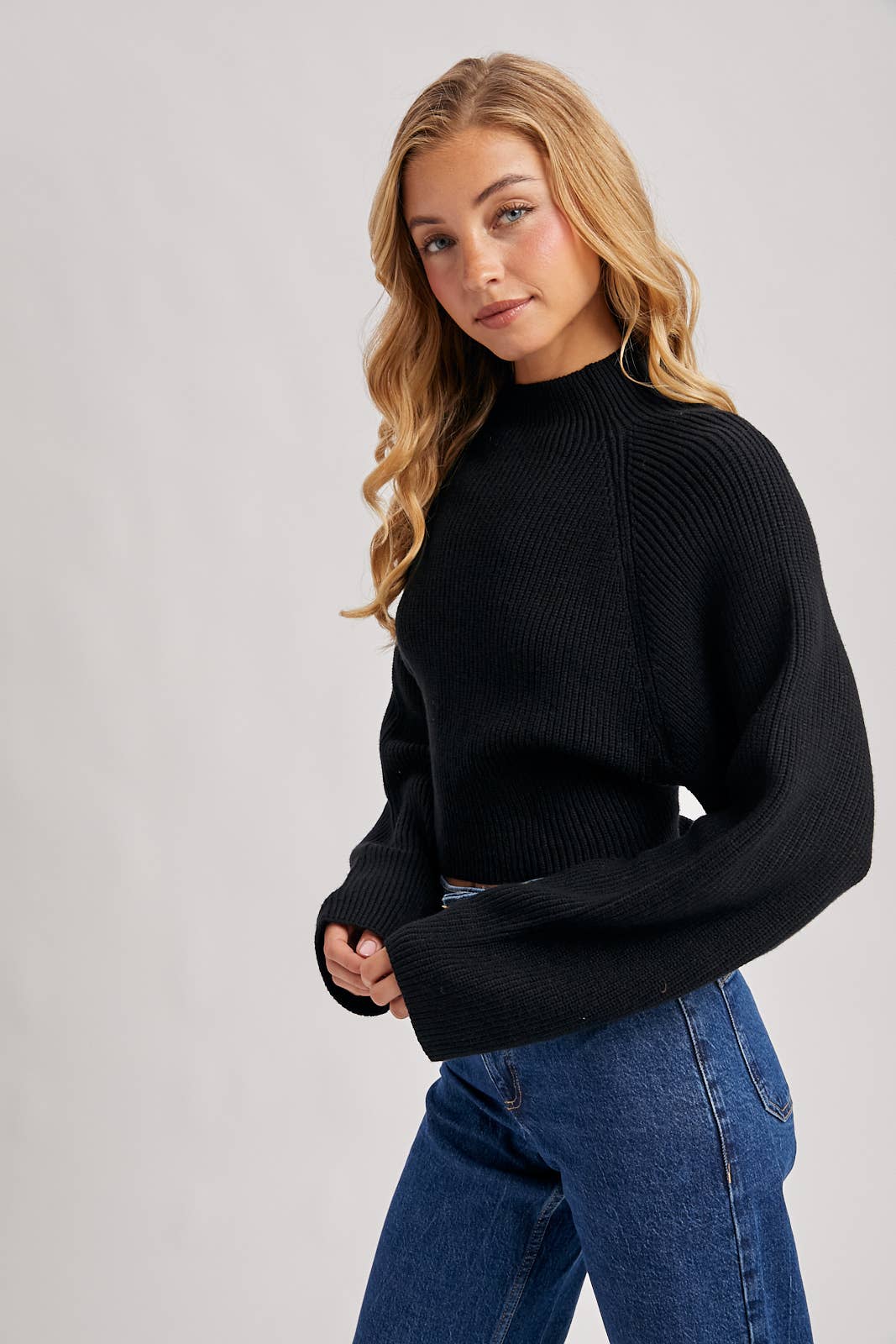 Bluivy | Mock Neck Open Back Ribbed Knit Tie Sweater Top
