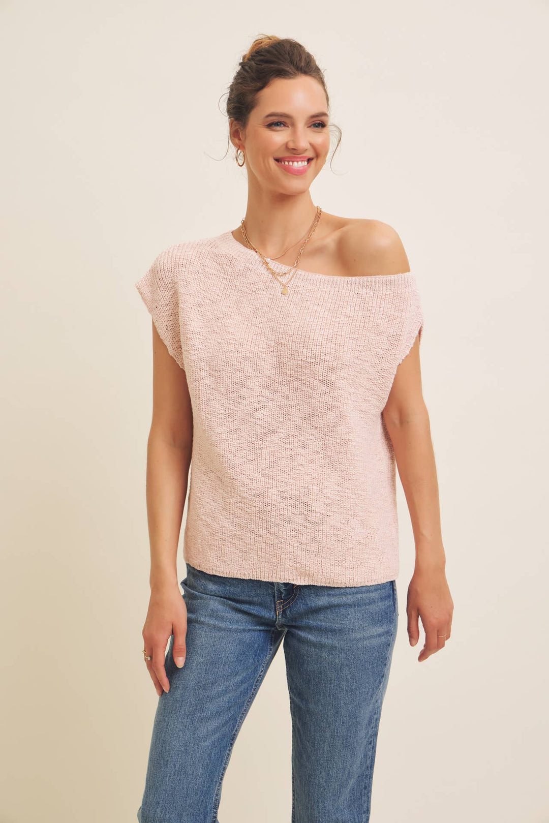 in february  | Slub Textured Lightweight One-Shoulder Sweater Top