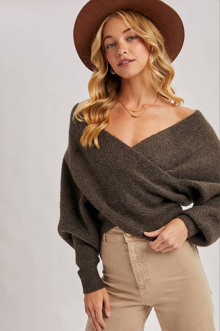 Bluivy | Wrap Crossover Ribbed Fuzzy Knit Sweater