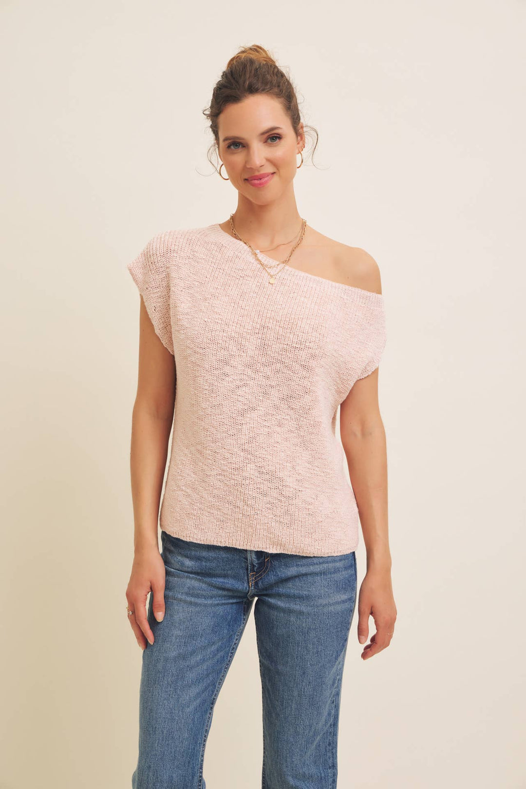 in february  | Slub Textured Lightweight One-Shoulder Sweater Top