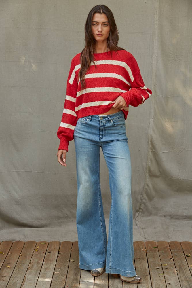 By Together  | Knit Sweater Striped Crewneck Long Sleeve Top