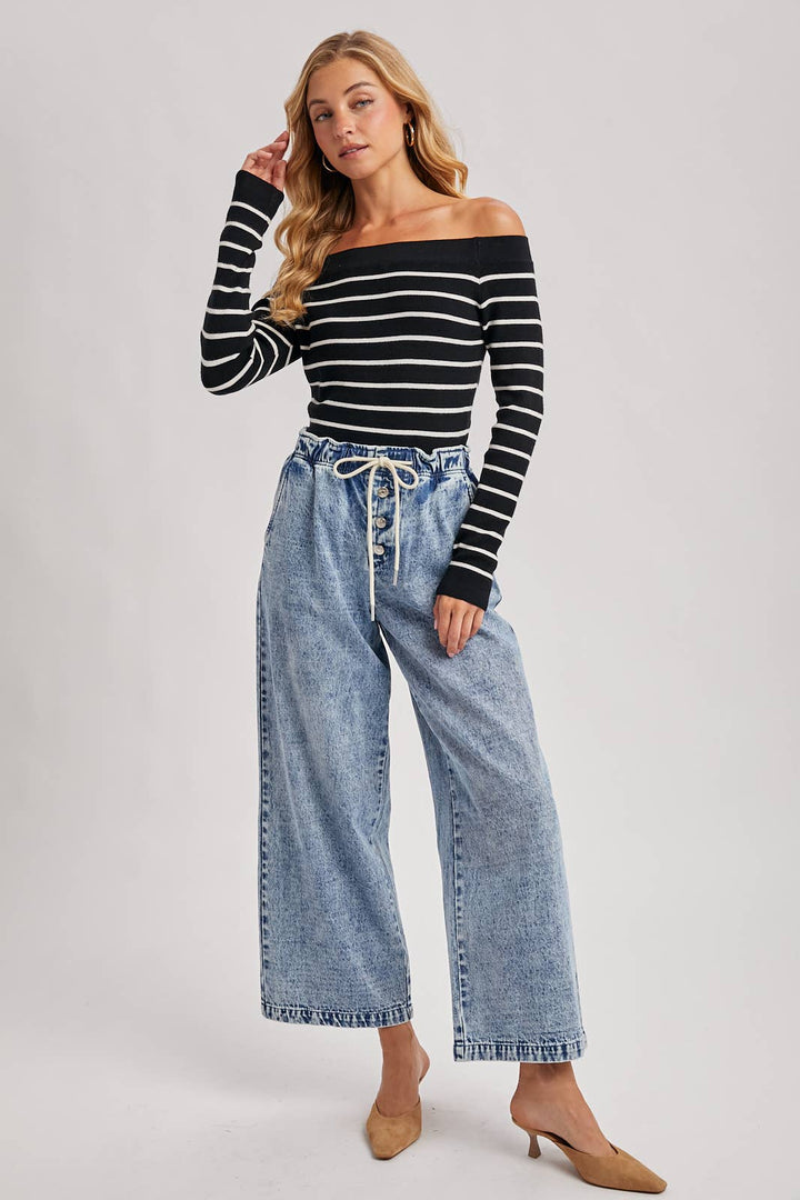 Bluivy | STRIPED OFF THE SHOULDER LONG SLEEVED KNIT TOP