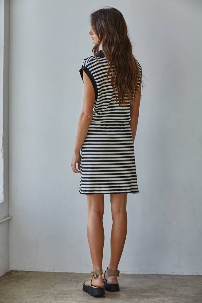 By Together | Knit Cotton Spandex Striped Ribbed V-Neck Polo Mini