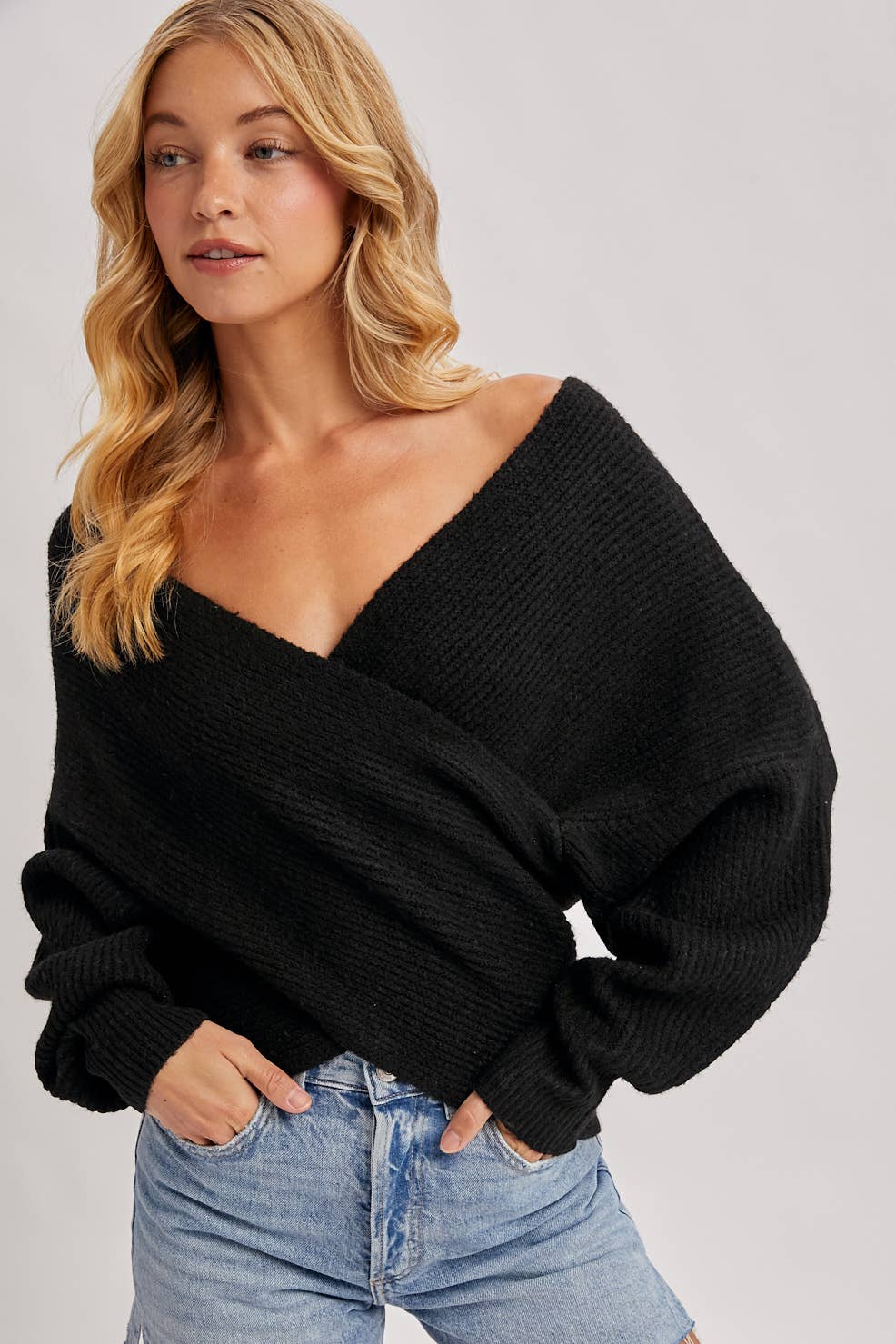 Bluivy | Wrap Crossover Ribbed Fuzzy Knit Sweater