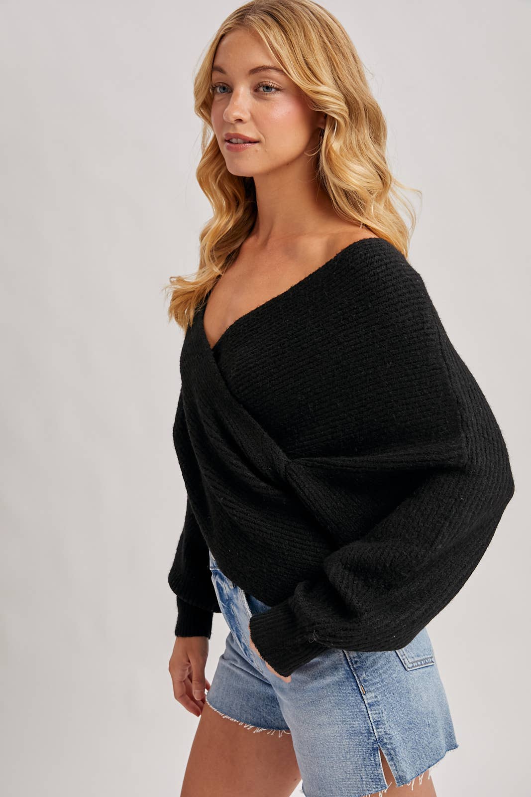 Bluivy | Wrap Crossover Ribbed Fuzzy Knit Sweater