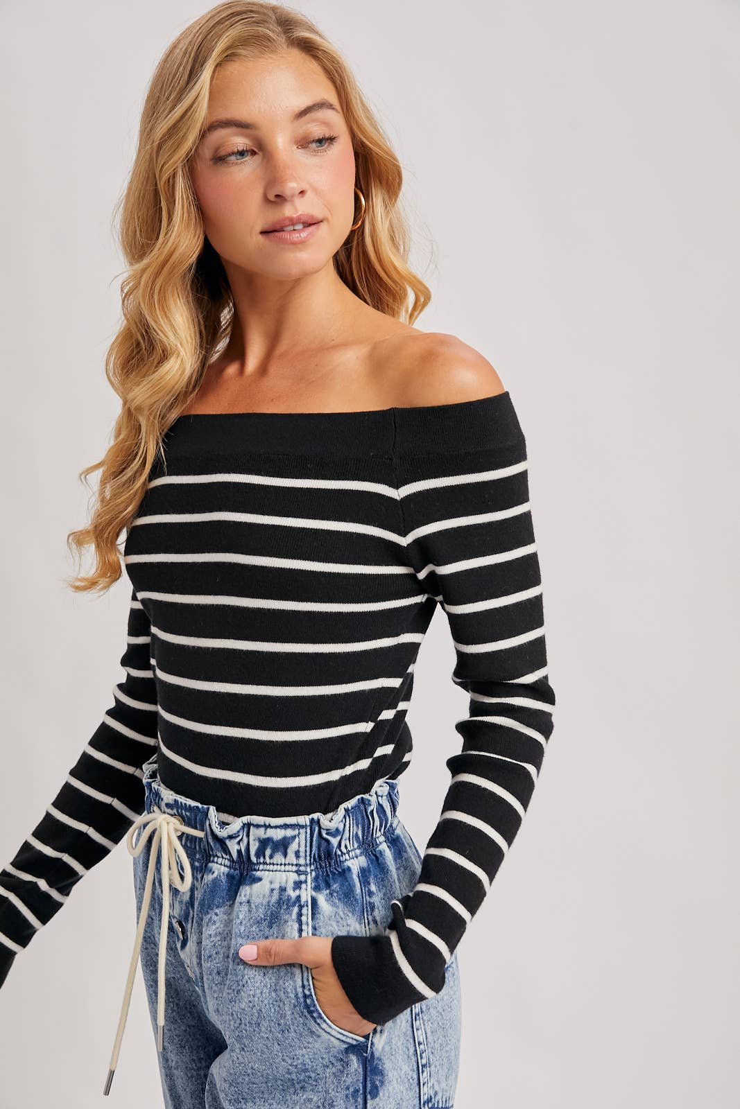 Bluivy | STRIPED OFF THE SHOULDER LONG SLEEVED KNIT TOP