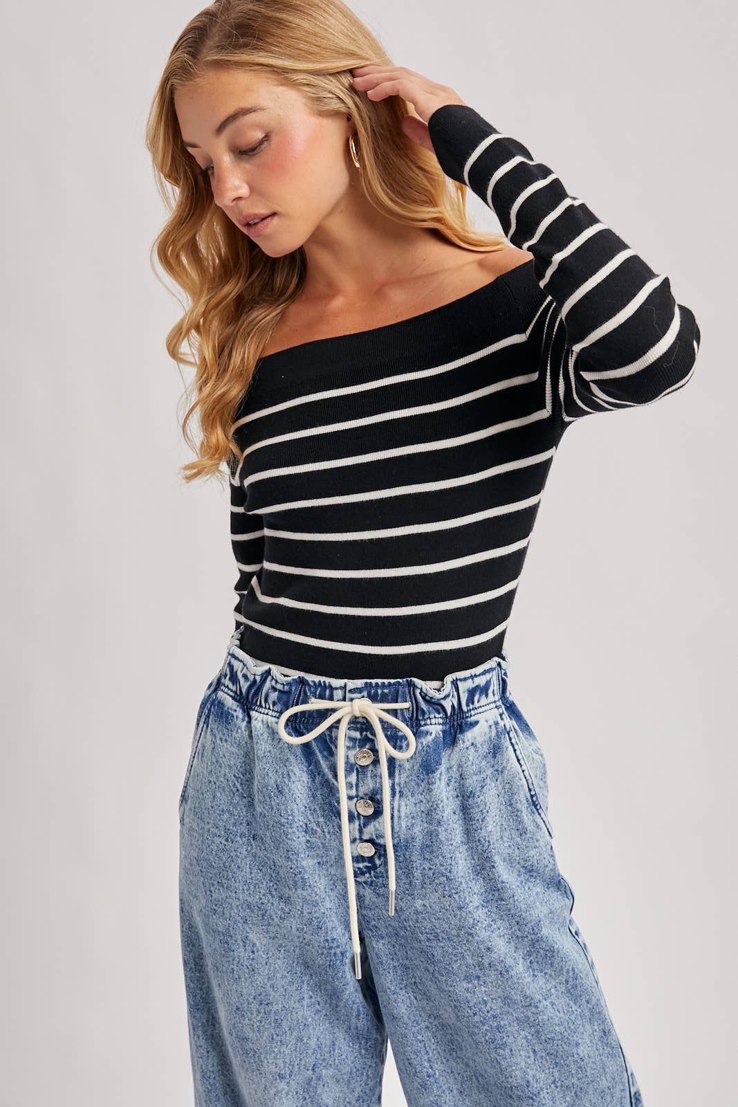 Bluivy | STRIPED OFF THE SHOULDER LONG SLEEVED KNIT TOP