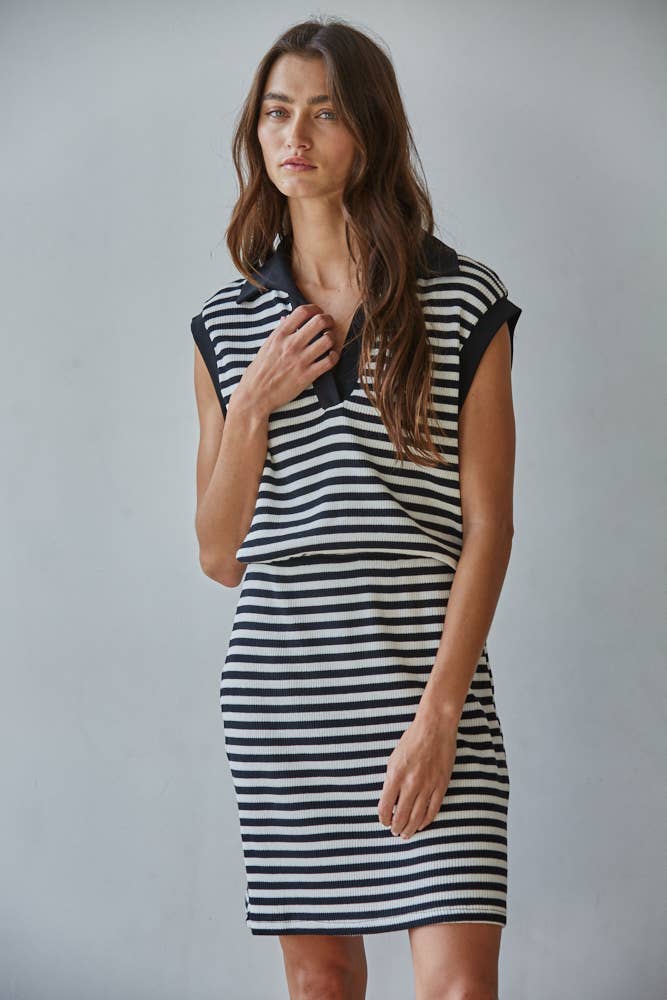 By Together | Knit Cotton Spandex Striped Ribbed V-Neck Polo Mini