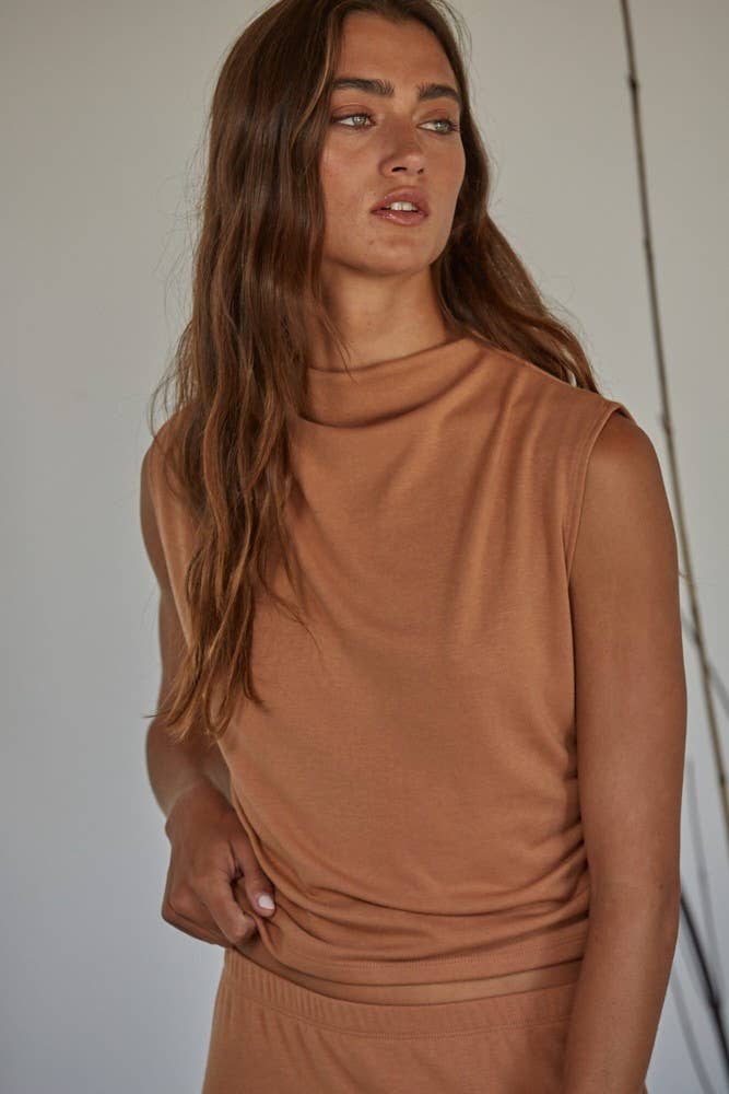 By Together | Knit Jersey Ruched Side Detail Mock Neck Top