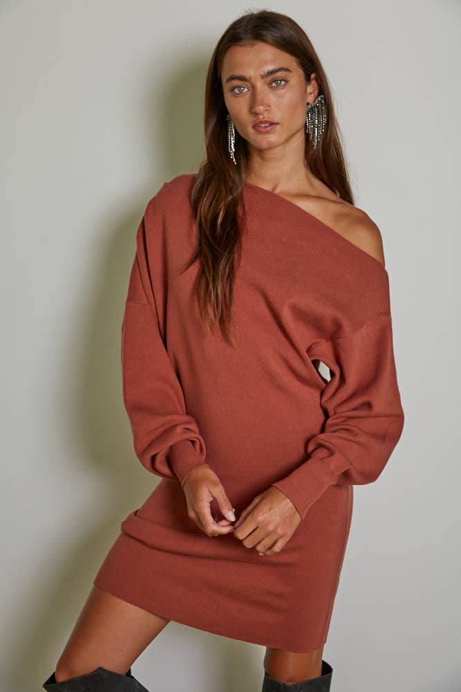 By Together | Knit Sweater One Side Off The Shoulder Mini Dress