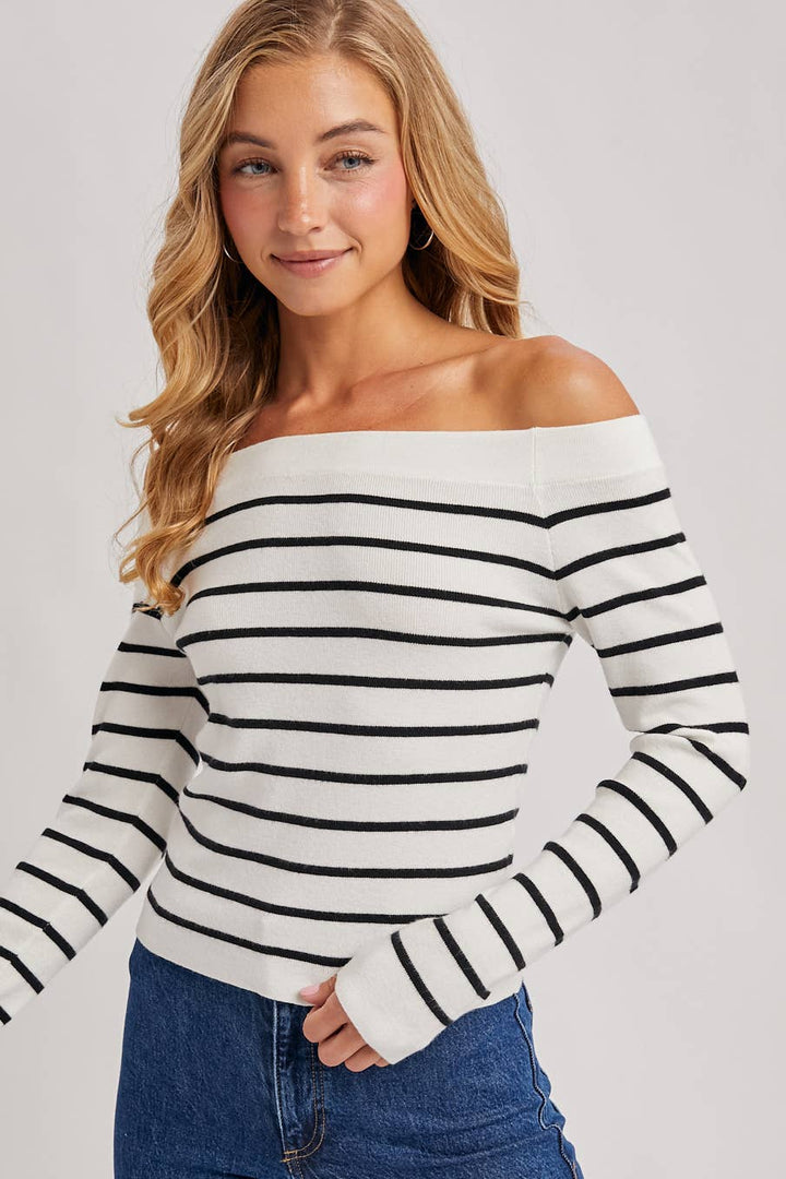 Bluivy | Striped Off The Shoulder Long Sleeved Knit Top