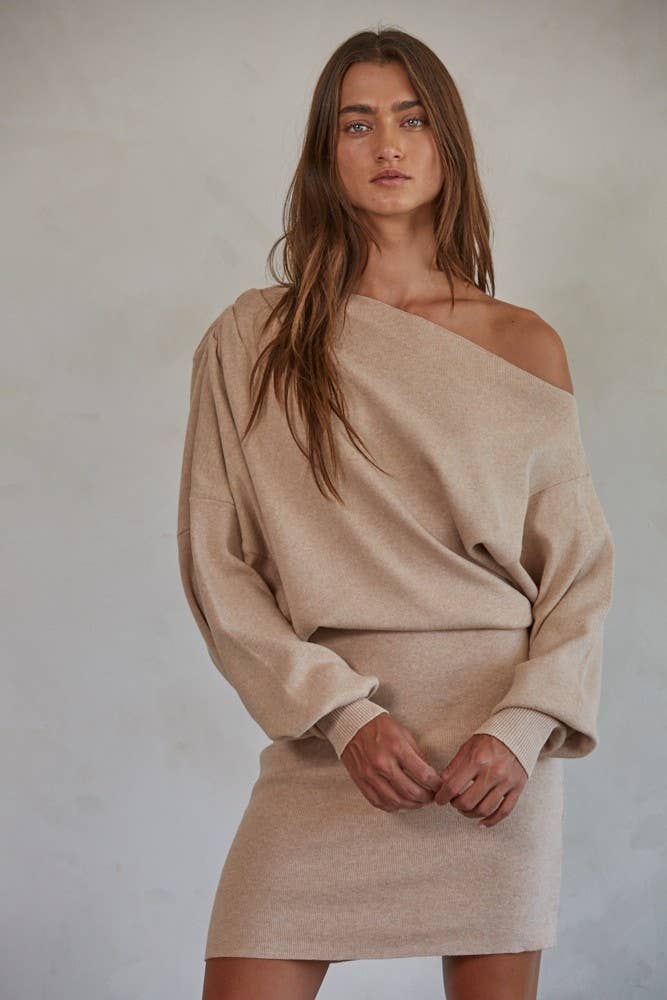 By Together | Knit Sweater One Side Off The Shoulder Mini Dress