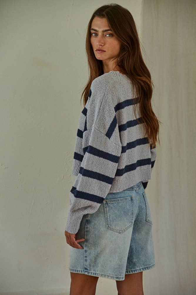By Together  | Knit Sweater Striped Crewneck Long Sleeve Top