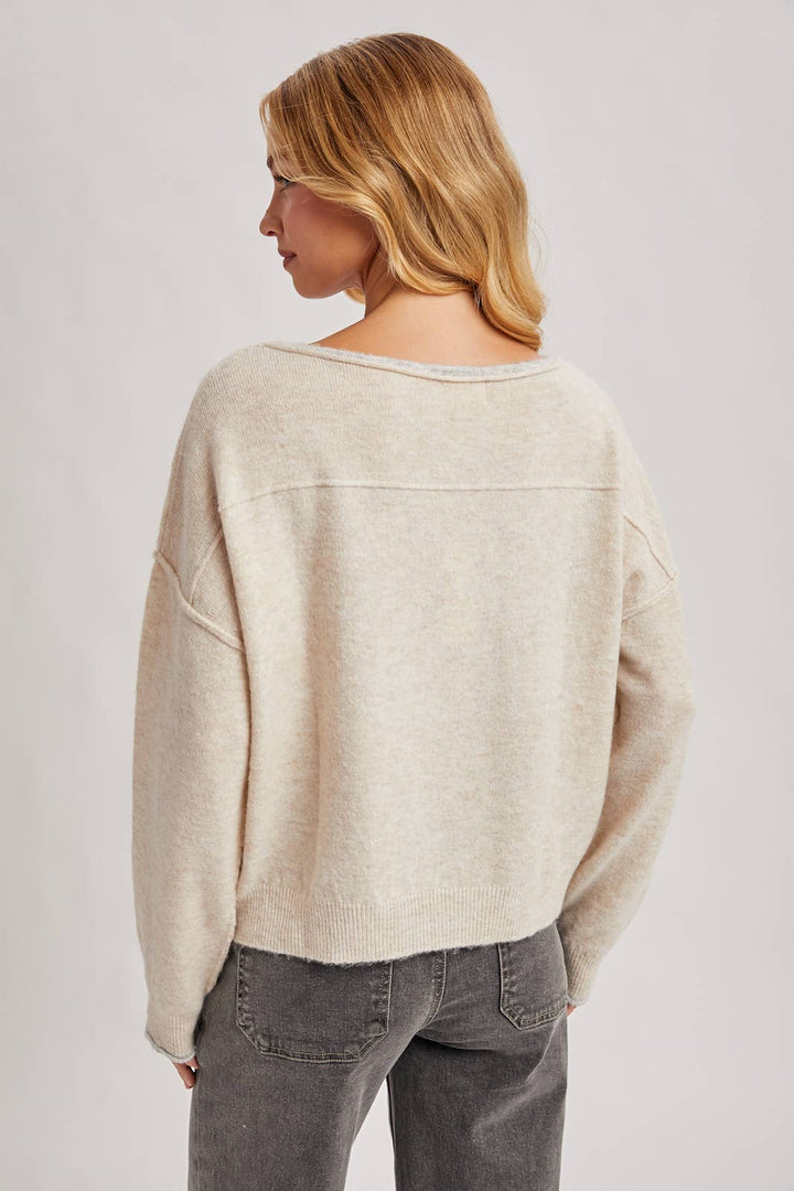 Bluivy | Boat Neck Rolled Trim Soft Heathered Knit Pullover