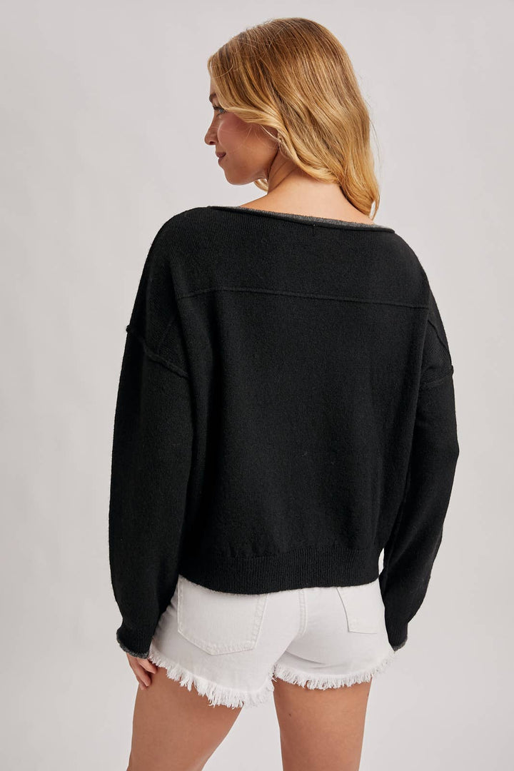 Bluivy | Boat Neck Rolled Trim Soft Heatherd Knit Pullover