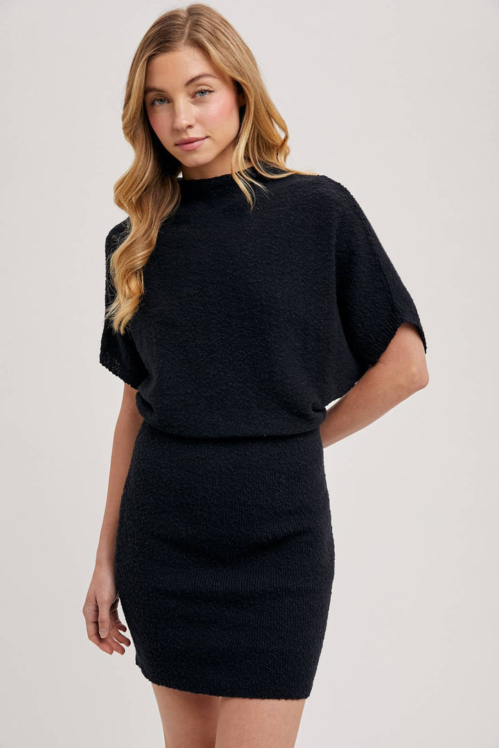 Bluivy | Mock Neck Dolman Sleeved Knit Sweater Mini Dress