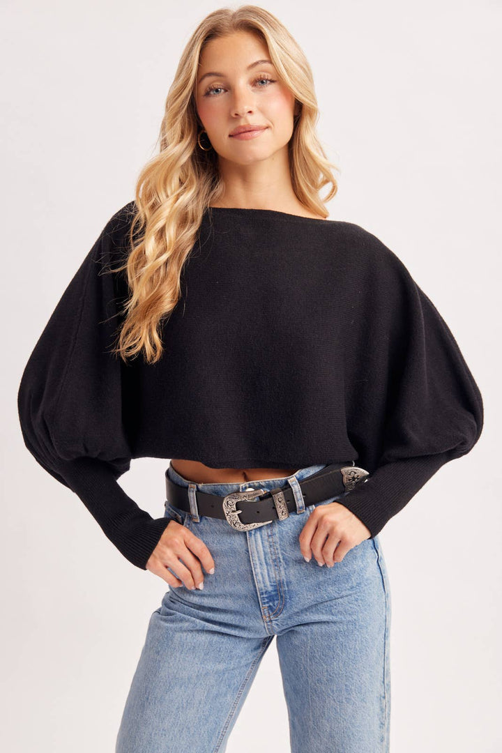 Bluivy | Cropped Boat Neck Balloon Sleeved Knit Sweater