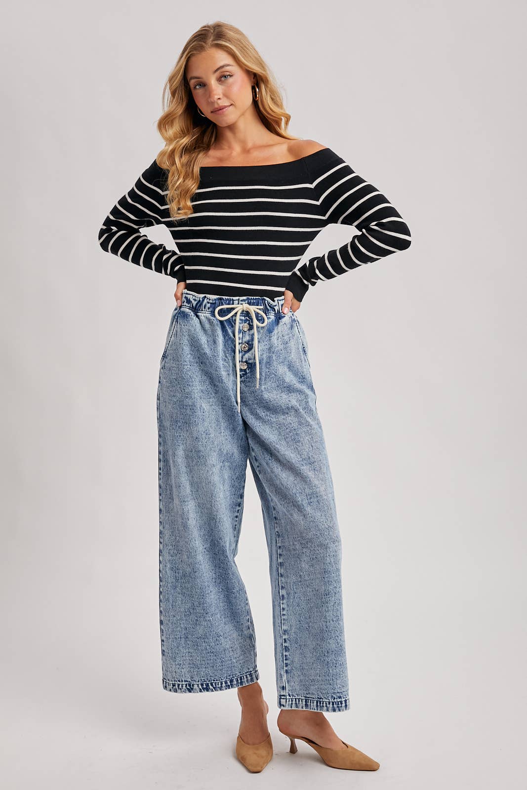 Bluivy | STRIPED OFF THE SHOULDER LONG SLEEVED KNIT TOP