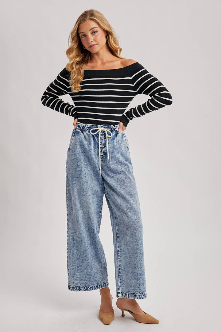Bluivy | STRIPED OFF THE SHOULDER LONG SLEEVED KNIT TOP