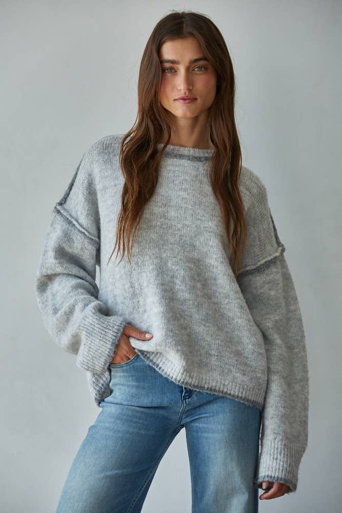 By Together  | Knit Sweater Crew Neck Pullover Top With Rolled Edge