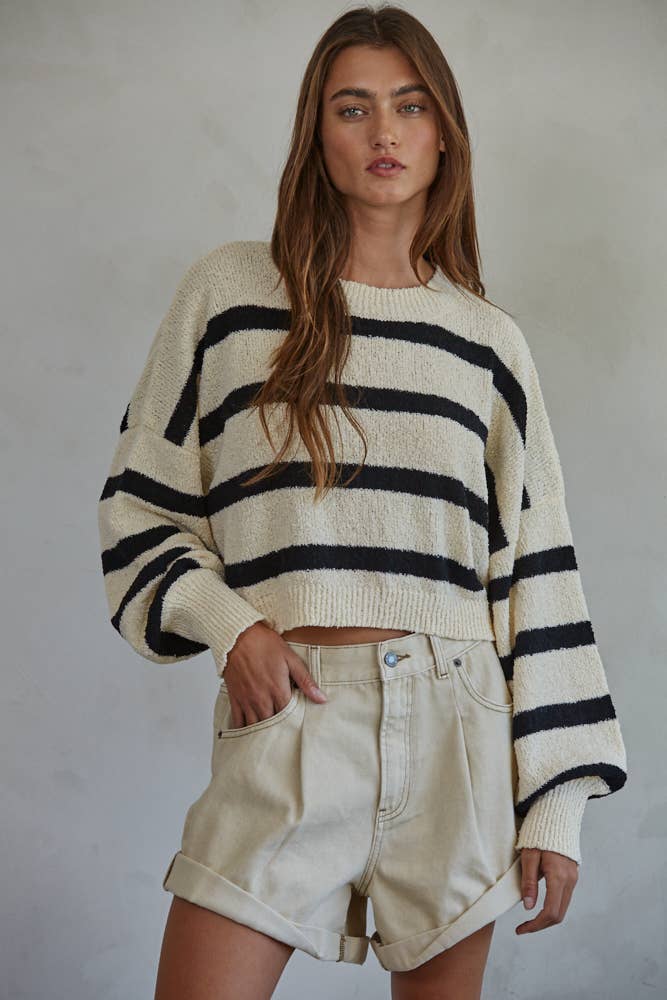 By Together  | Knit Sweater Striped Crewneck Long Sleeve Top