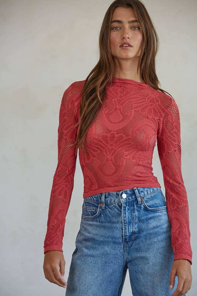 By Together | Knit Seamless Jacquard Mock Neck Long Sleeve Top
