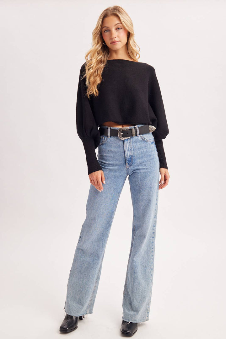 Bluivy | Cropped Boat Neck Balloon Sleeved Knit Sweater