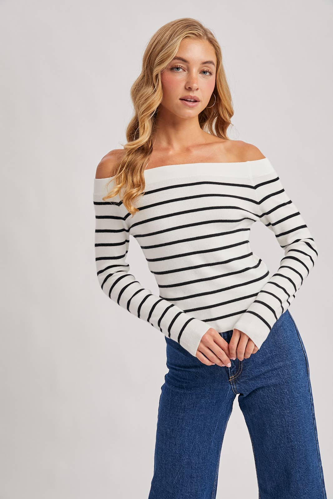Bluivy | Striped Off The Shoulder Long Sleeved Knit Top