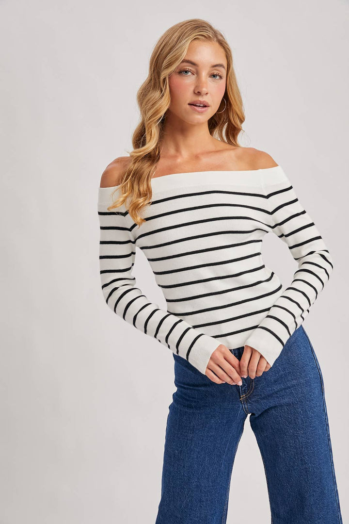 Bluivy | Striped Off The Shoulder Long Sleeved Knit Top