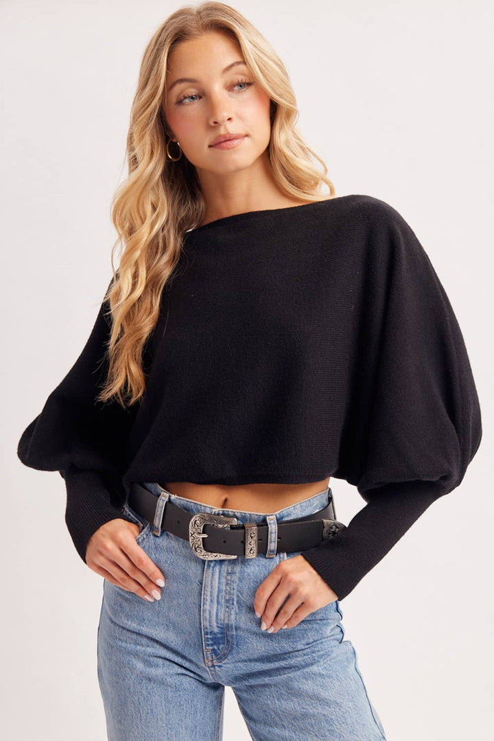 Bluivy | Cropped Boat Neck Balloon Sleeved Knit Sweater