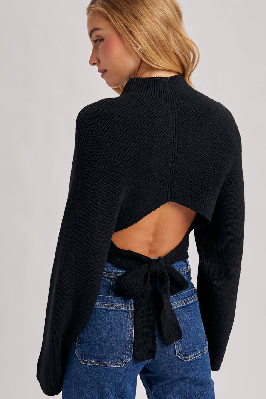 Bluivy | Mock Neck Open Back Ribbed Knit Tie Sweater Top