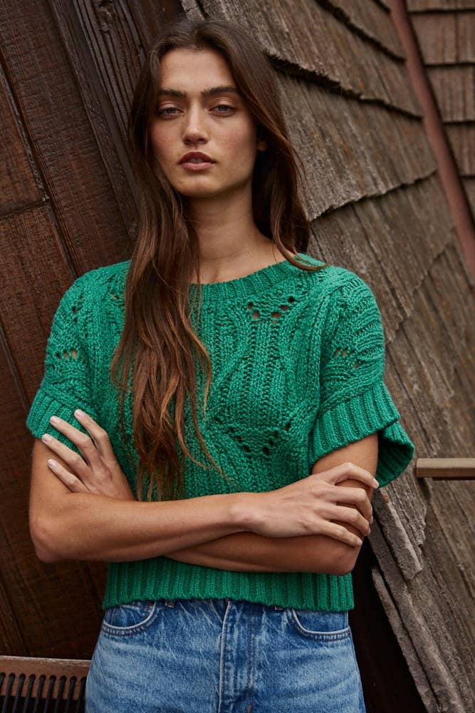 By Together | Knit Sweater Crochet Round Neck Short Sleeve Top