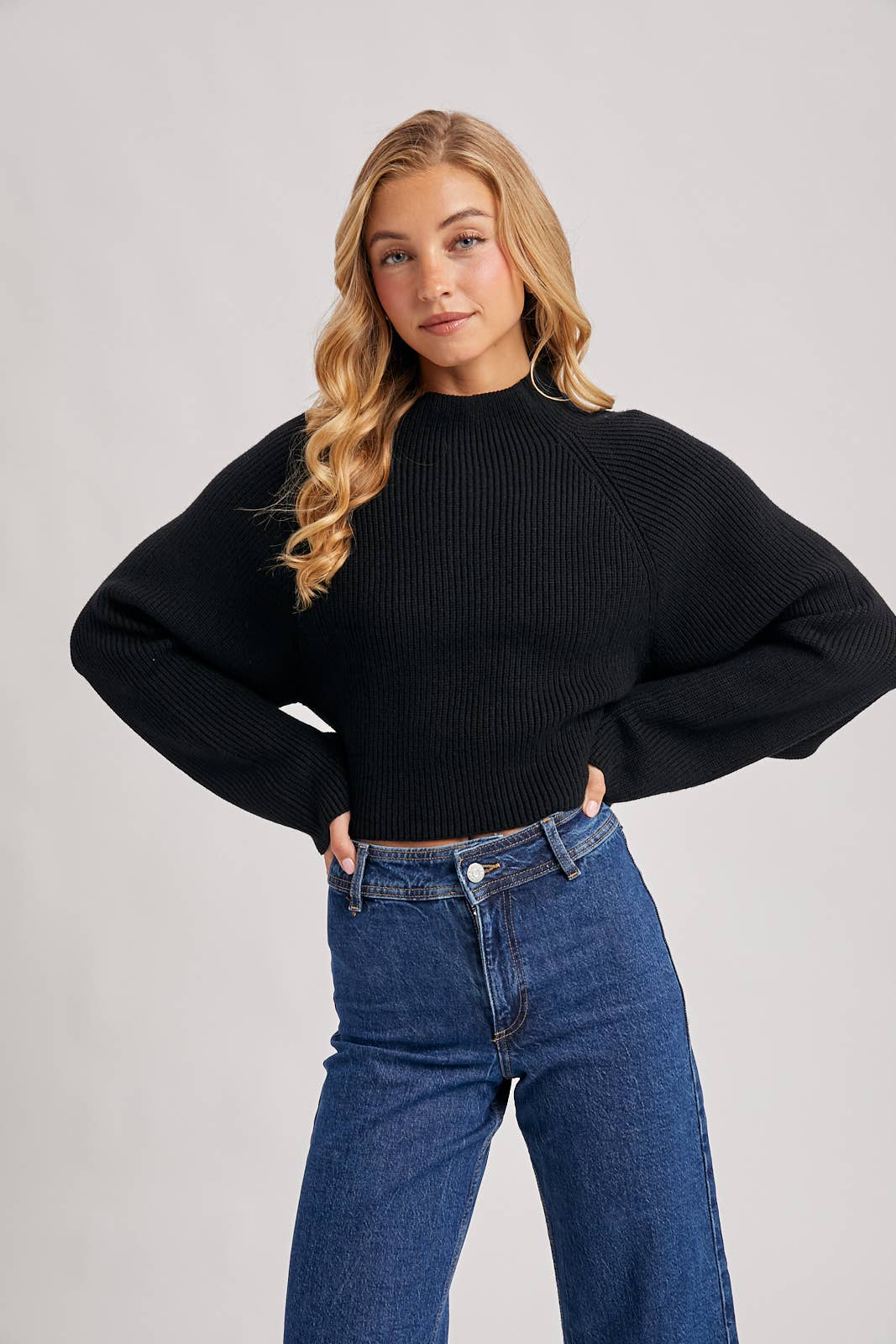 Bluivy | Mock Neck Open Back Ribbed Knit Tie Sweater Top