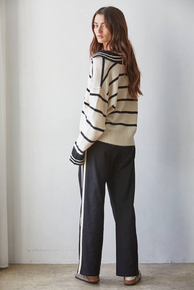 By Together | Knit Sweater Striped Collar V-Neck Long Sleeve Top
