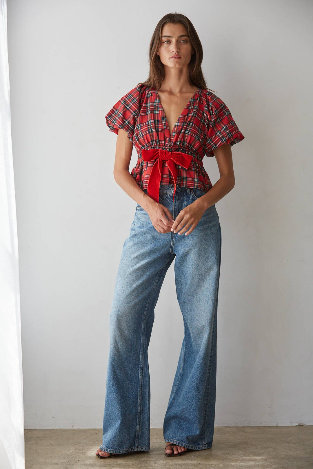 By Together | Woven Plaid Plunged V-Neck Sleeve Peplum Top