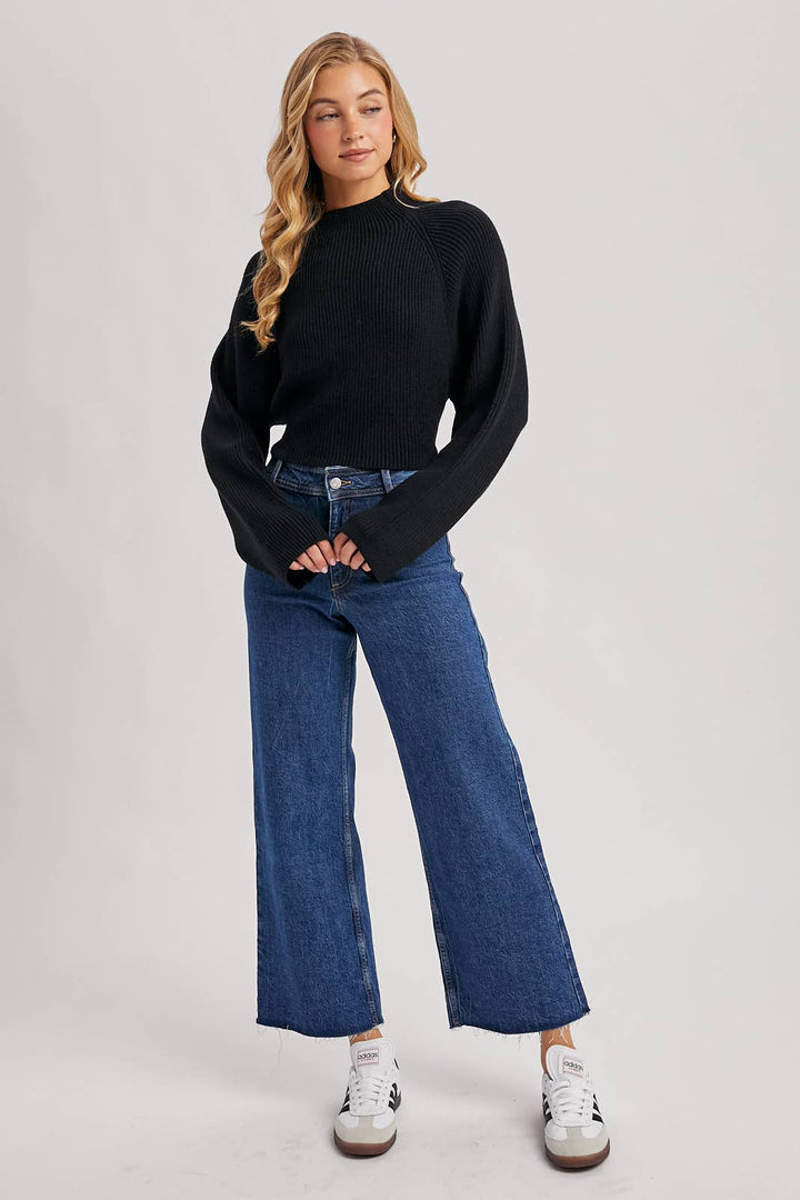 Bluivy | Mock Neck Open Back Ribbed Knit Tie Sweater Top