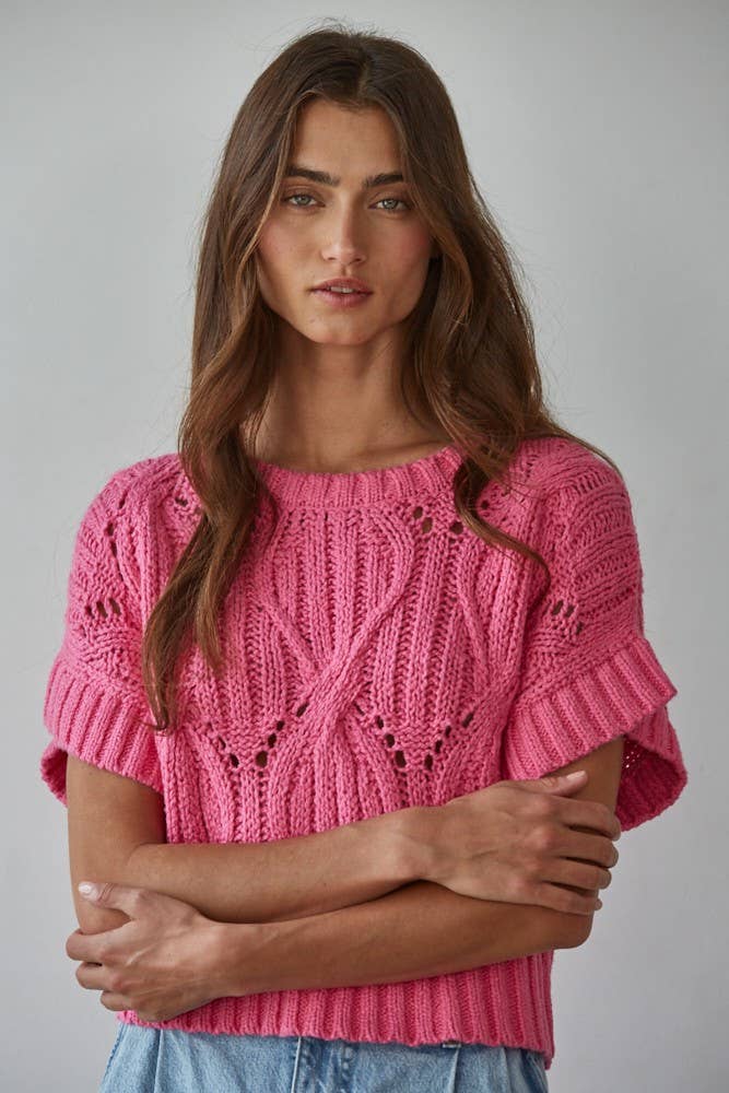 By Together | Knit Sweater Crochet Round Neck Short Sleeve Top