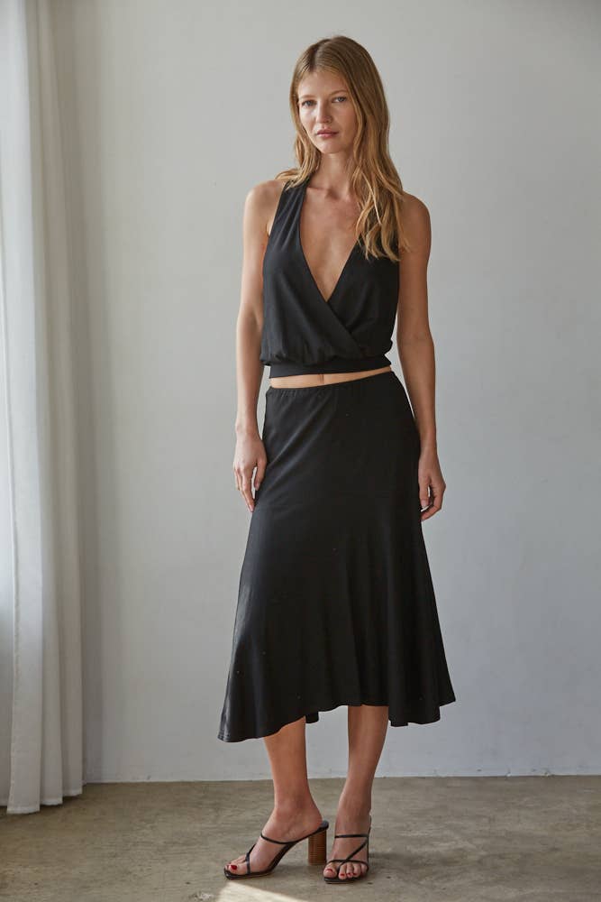 By Together | Knit Viscose Spandex Surplice Halter Open Back Top