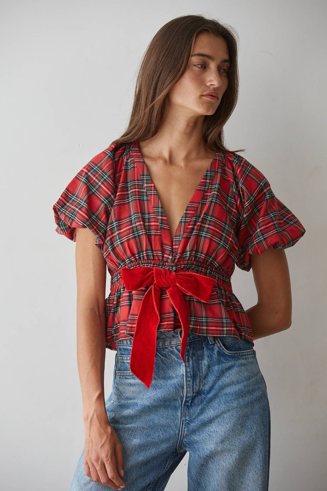 By Together | Woven Plaid Plunged V-Neck Sleeve Peplum Top