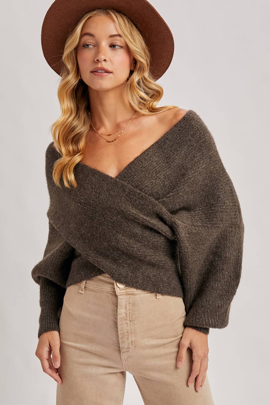 Bluivy | Wrap Crossover Ribbed Fuzzy Knit Sweater