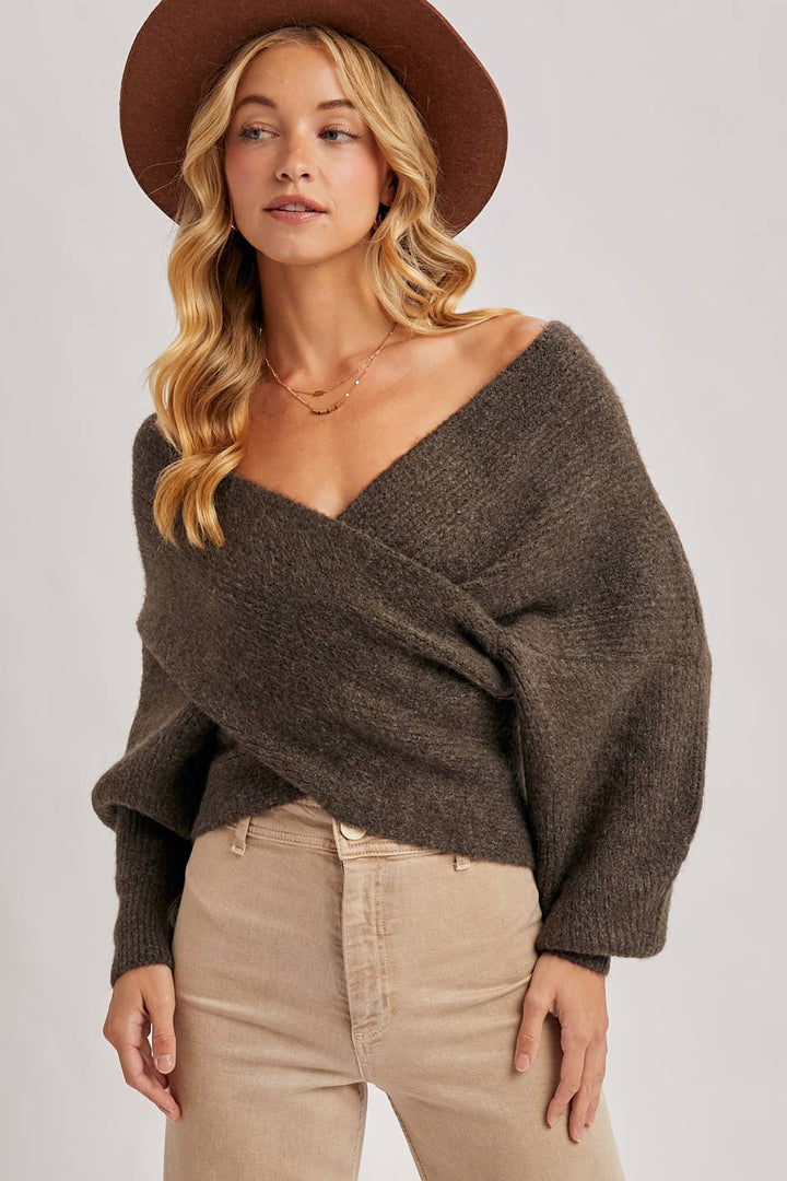 Bluivy | Wrap Crossover Ribbed Fuzzy Knit Sweater