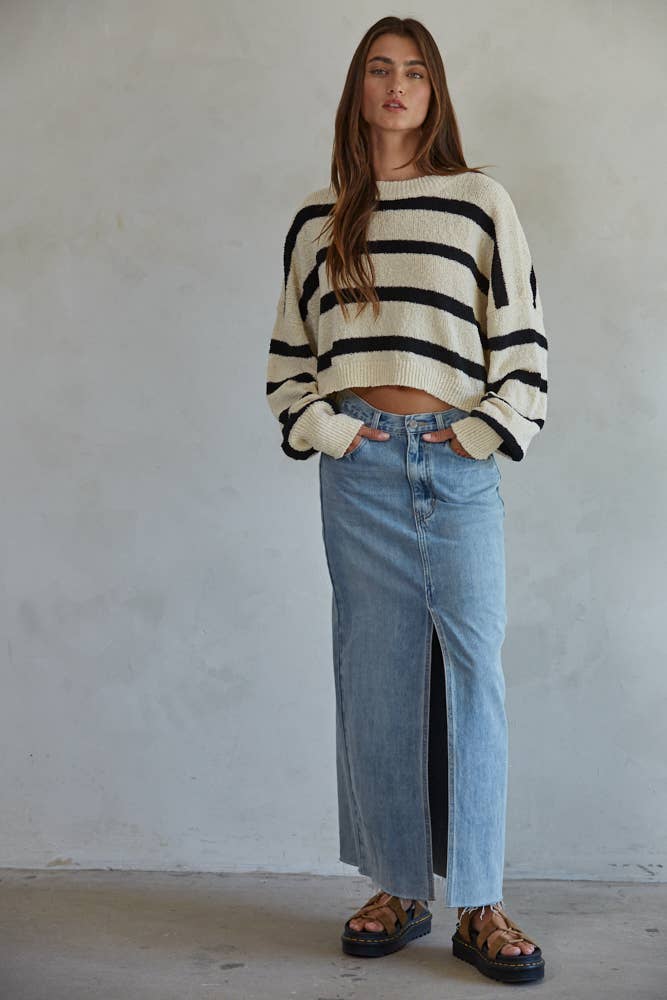 By Together  | Knit Sweater Striped Crewneck Long Sleeve Top