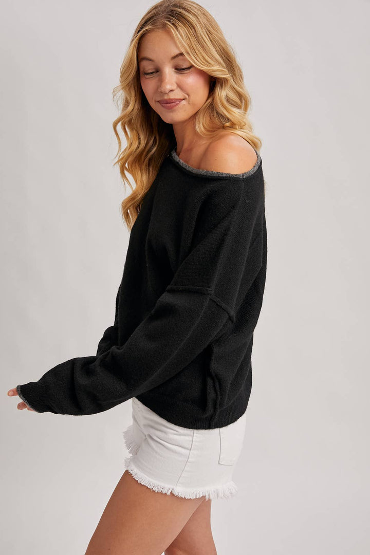 Bluivy | Boat Neck Rolled Trim Soft Heatherd Knit Pullover