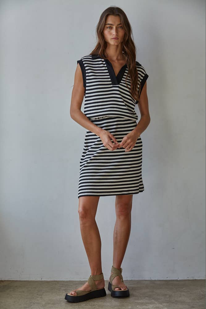 By Together | Knit Cotton Spandex Striped Ribbed V-Neck Polo Mini