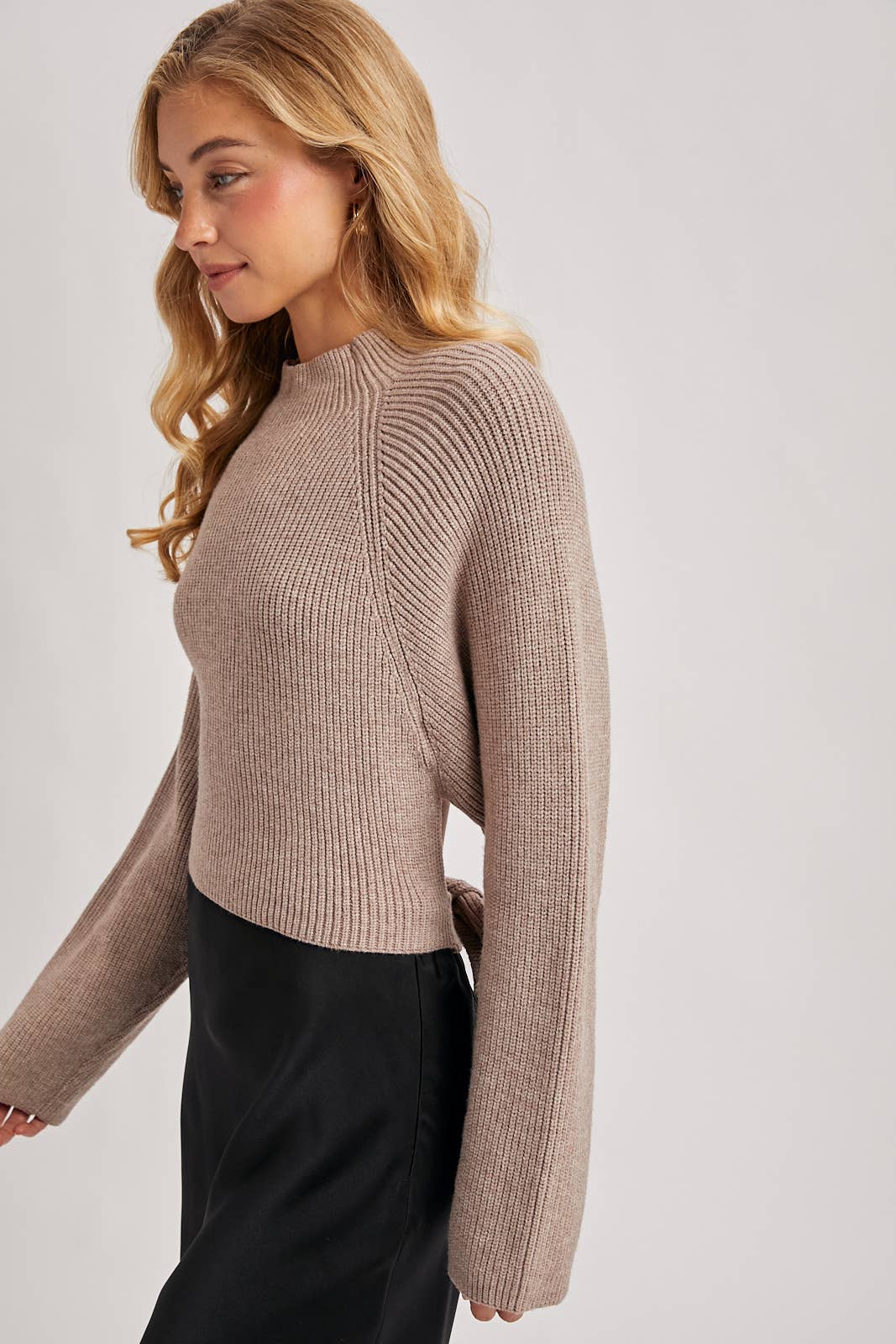 Bluivy | Mock Neck Open Back Ribbed Knit Tie Sweater Top