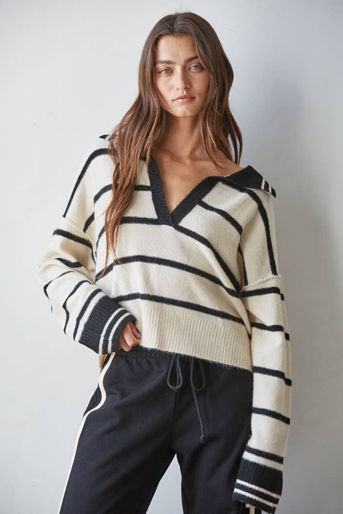 By Together | Knit Sweater Striped Collar V-Neck Long Sleeve Top